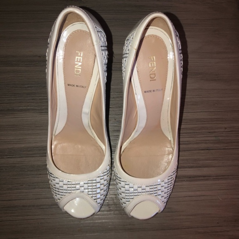 Fendi White Woven Peep Toe Heels